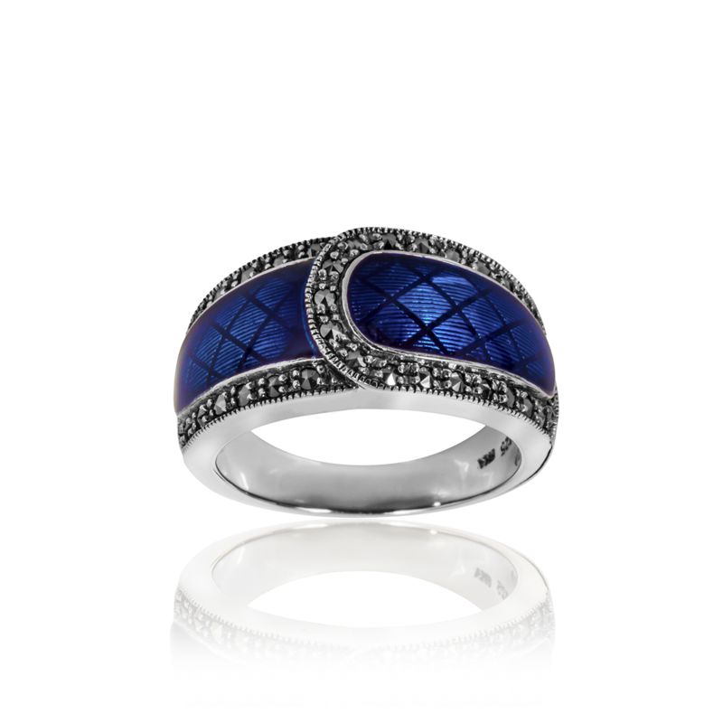 Blue Enamel Overlap Crosshatch Ring w/Marcasites - 01R146ROY - Click Image to Close